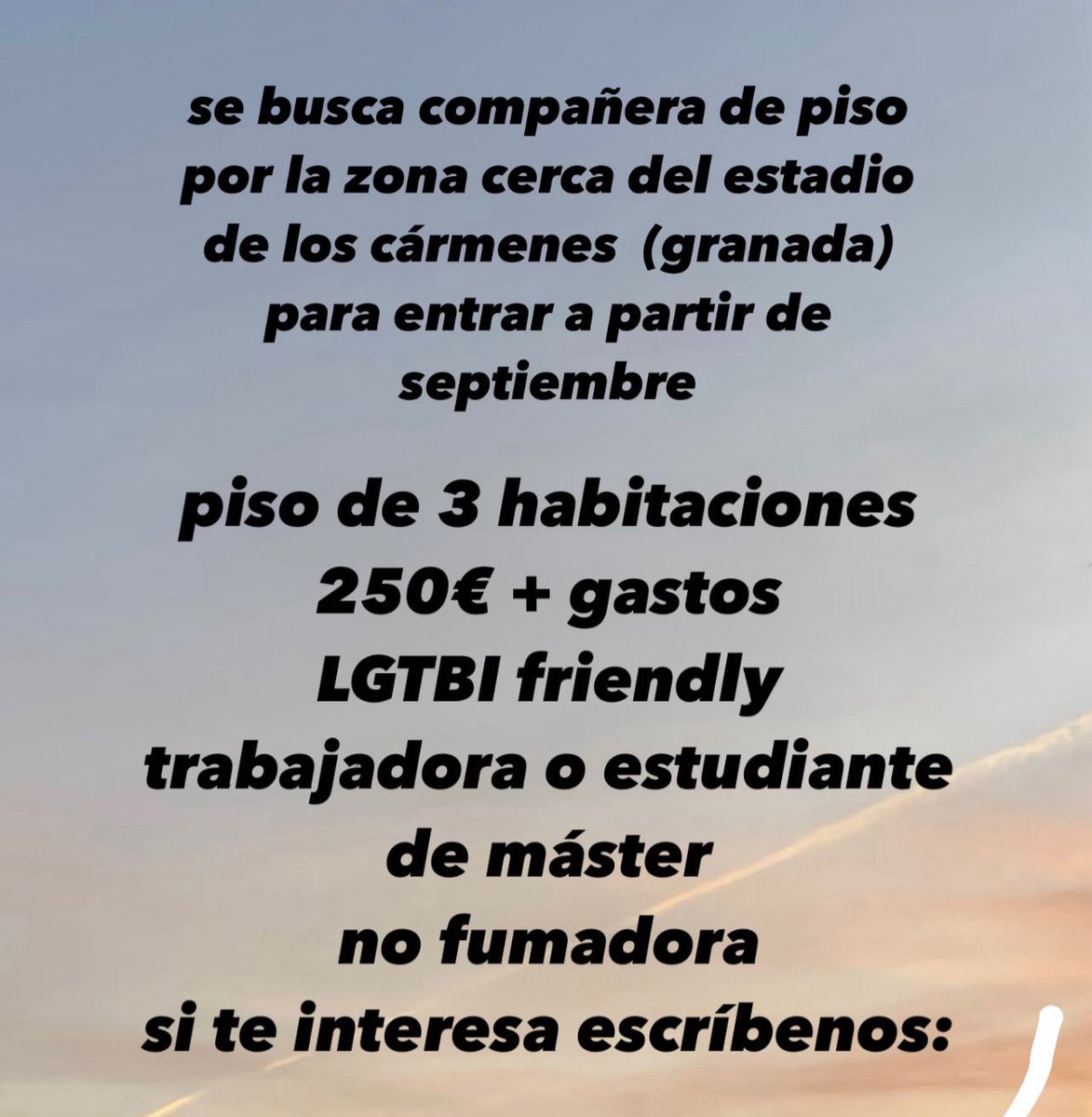 irenedjm's tweet photo. hola!! buscamos una tercera compañera de piso para entrar en septiembre en granada por la zona cerca del estadio de los cármenes. serían 250€ + gastos. si os interesa habladnos y os comentamos mejor y os mandamos vídeos del piso 🫂

agradeceríamos difusión 🙏 https://t.co/nPKX4DfoEx