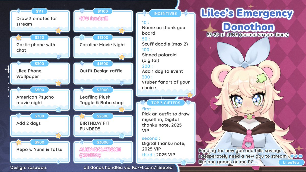 Lilee's Emergency Donothon June 23-29 💖🍀

Ive had nothing but scuff since debut, I turns out that I desperately need a new GPU to be able to play any games on PC

Ill try stream as much as I can next week! No pressure at all but id love to have your next week company🍀

Info ⤵️