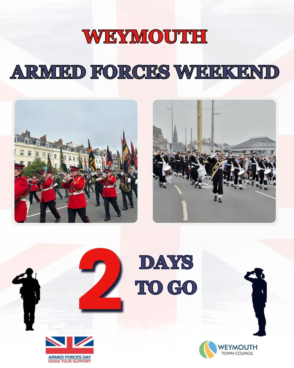 🎖️ 🤩  There are just 2 days to go until our annual #ArmedForcesWeekend. It's looking like a warm weekend, so make sure to wear plenty of sunscreen and please keep hydrated! For full details: orlo.uk/WpuyD

#SaluteOurForces #Veterans #WeymouthTownCouncil