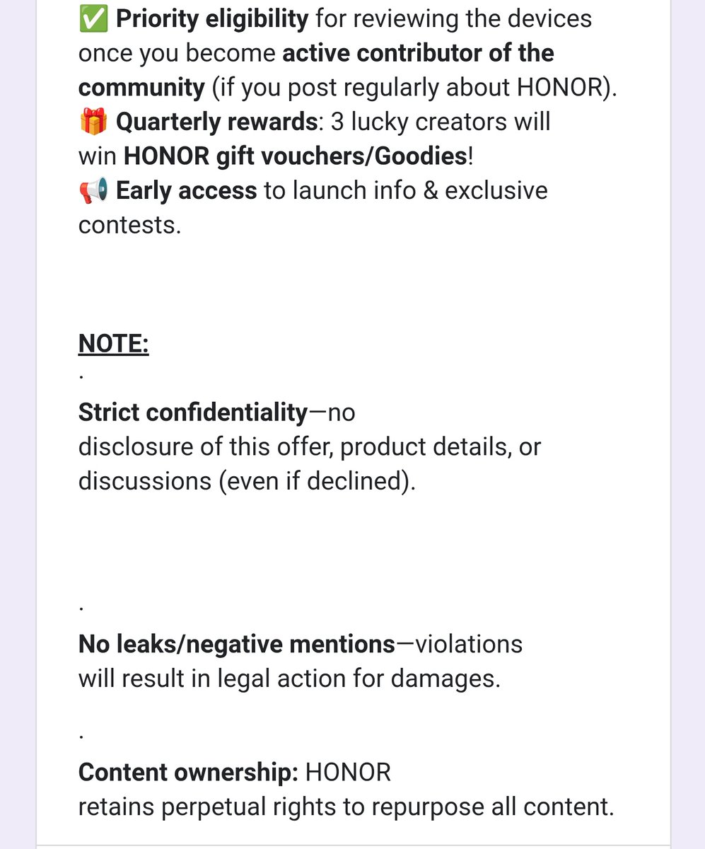 Create content, give us rights forever, stay positive or face legal action… oh and maybe get a voucher!

Me: Sounds like an HONORable deal 😂