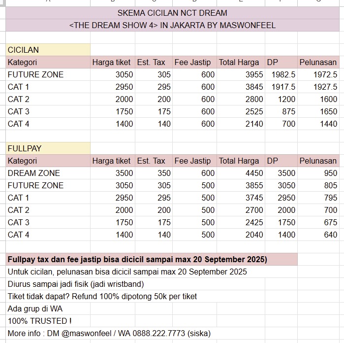MASWONFEEL's tweet photo. [OPEN JASTIP]

NCT DREAM - THE DREAM SHOW 4 <DREAM THE FUTURE> IN JAKARTA by MASWONFEEL

✅ Pembayaran bisa cicilan atau fullpay
✅ Skema cicilan cek foto ke-3
✅ Cicilan sampai 20 September 2025

Form order : https://t.co/l5tliqbdYk atau klik link di bio https://t.co/LBwqovBjhe