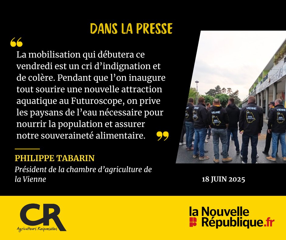 🔴 ”La mobilisation qui débutera ce vendredi est un cri d’indignation et de colère. Pendant que l’on inaugure tout sourire une nouvelle attraction aquatique au Futuroscope, on prive les paysans de l’eau nécessaire pour nourrir la population et assurer notre souveraineté