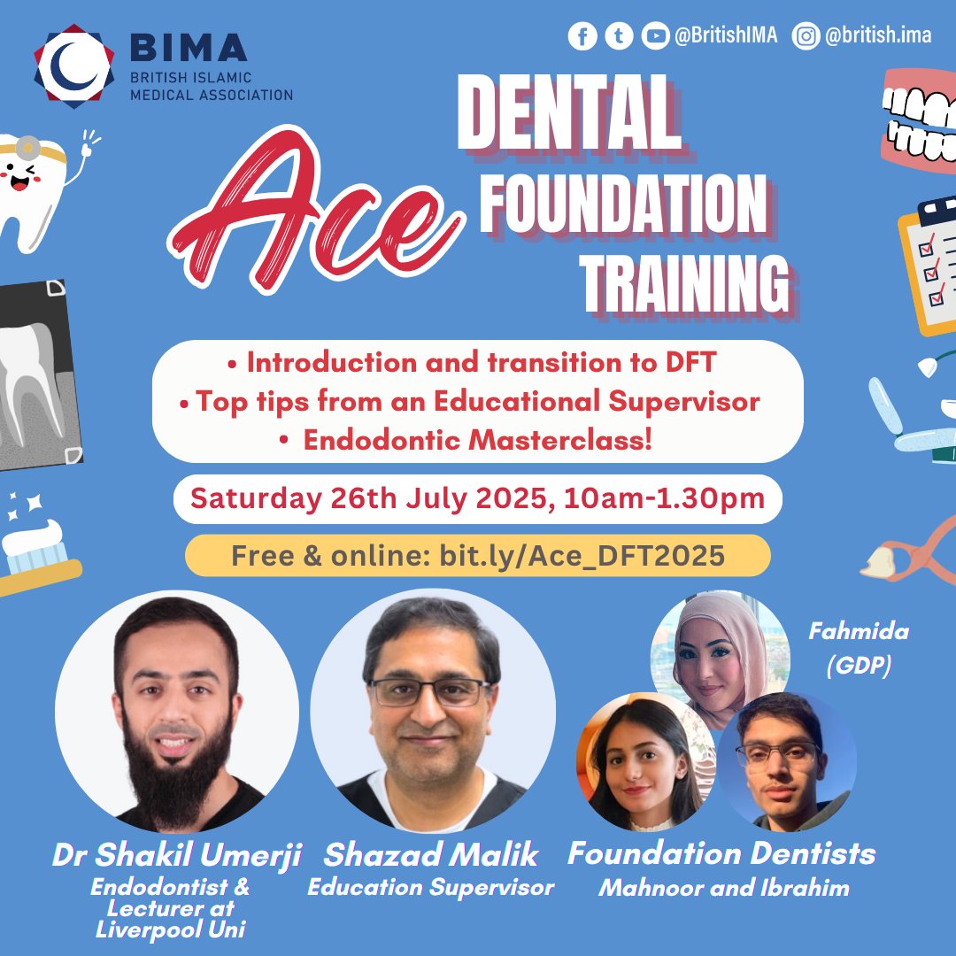 British Islamic Medical Association (@britishima) on Twitter photo Interested in acing your Dental Foundation/Vocational Training ⁉️
Then join our FREE ‼️ online event created specifically for final year Dental students, delivered by experienced and recently qualified dentists.
Packed with 🔑 key tips, including content from renowned Interested in acing your Dental Foundation/Vocational Training ⁉️
Then join our FREE ‼️ online event created specifically for final year Dental students, delivered by experienced and recently qualified dentists.
Packed with 🔑 key tips, including content from renowned