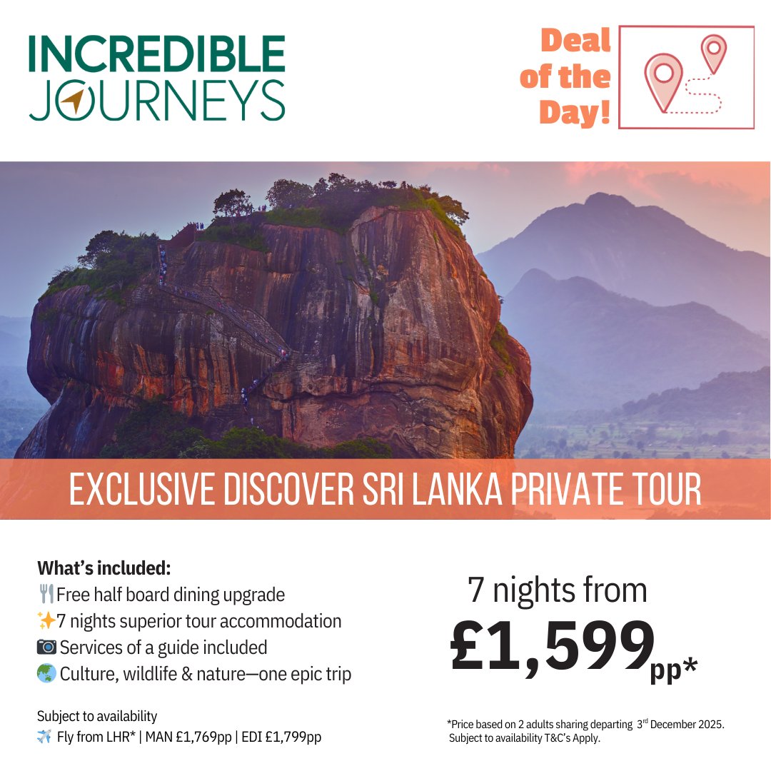 DelmarWorld's tweet image. 🌏 Discover Sri Lanka – Private Tour
🕌 7 nights from £1,599pp
🍽️ FREE half board upgrade
👣 Guide included
📍Colombo · Sigiriya · Yala · Galle & more
✈️ Fly from LHR, MAN, EDI
📞 01978 853886 / 0151 363 6115
📧 sales@delmarworld.co.uk
#SriLankaTour