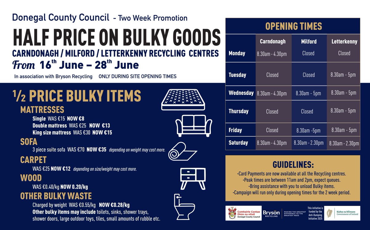 Donegal County Council in association with Bryson Recycling are holding a half price bulky goods event at Carndonagh, Milford and Letterkenny Recycling Centres from the 16th June - 28th June

Full details - donegalcoco.ie/en/services/en…

#Donegal #YourCouncil