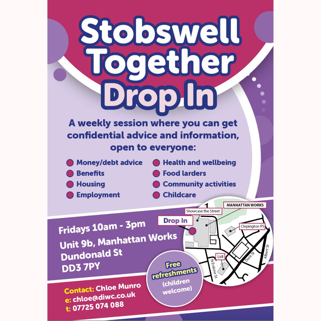 ℹ️  Weekly Drop-In Reminder – Stobswell Together

We’re back at Manhattan Works this Friday from 10am to 3pm!
Our friendly Business Gateway Outreach Advisers are here to offer free, confidential advice on employment and starting your own business.