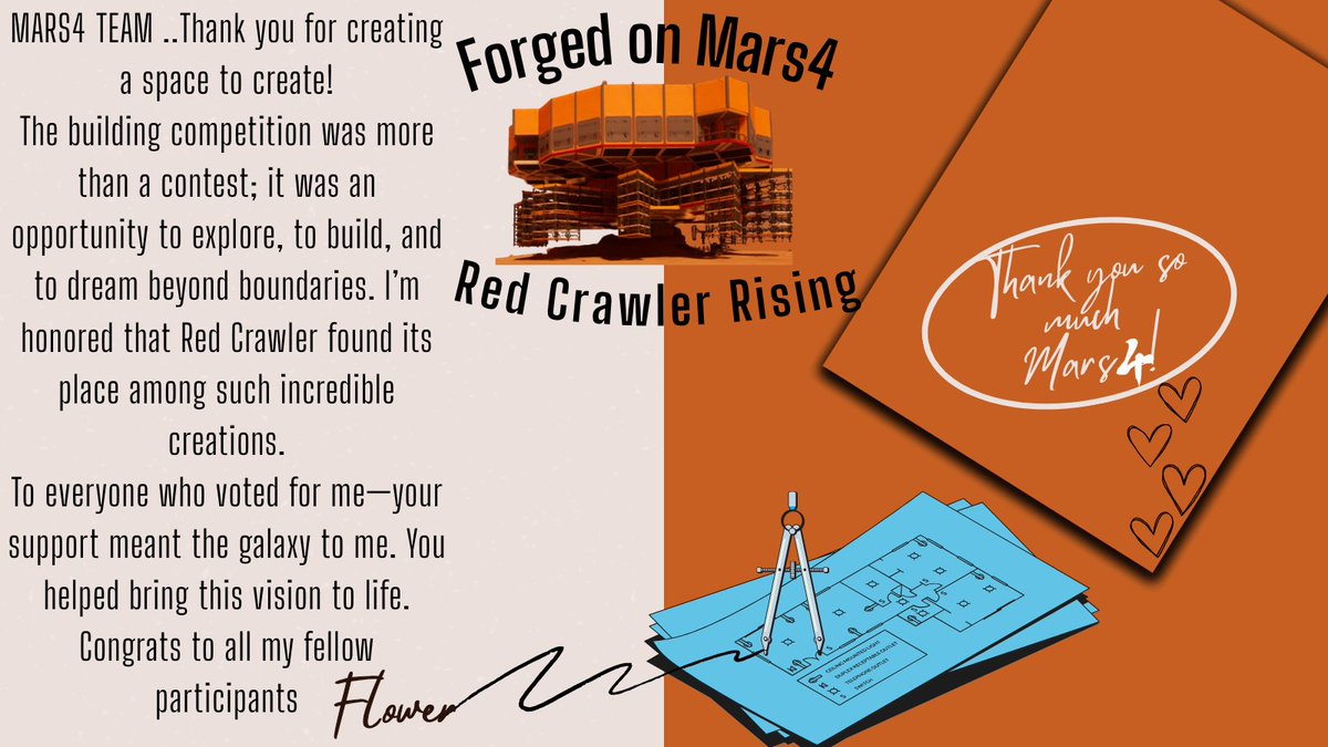 Big thanks to <a href="/mars4_me/">MARS4_me</a>  for this amazing comp—and to everyone who voted for the Red Crawler, you made this win possible 🚀  Congrats to all the builders: your work lit up the Red Planet. Keep dreaming. Keep building. x.com/mars4_me/statu…