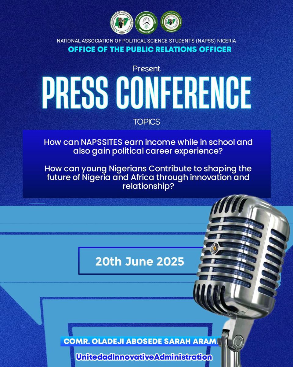🚨 PRESS CONFERENCE ALERT! 🚨
Are you a Political Science student wondering how to make cool cash while still building your political future? Then this 👇🏿is for you 🫵🏿
🎤 NATIONAL PRESS CONFERENCE
📅 Date: 20th June 2025
📍 Streaming LIVE on Twitter (X) and Instagram Time: 10am