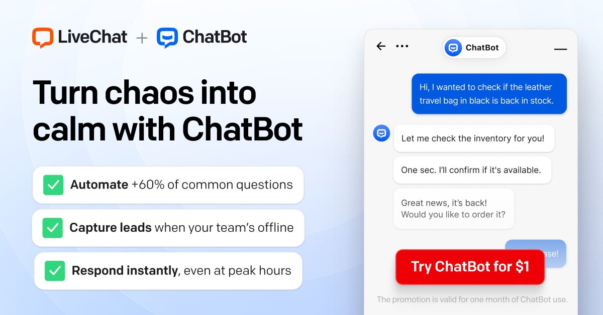 LiveChat's tweet image. 🌙 Your team sleeps, but your support doesn’t have to.
🤖 Integrate #ChatBot and #LiveChat:
✅ +60% of questions answered instantly
✅ Leads captured 24/7
✅ Agents freed for real conversations
Try it for just $1 👉 livechat.com/chatbot-for-li…