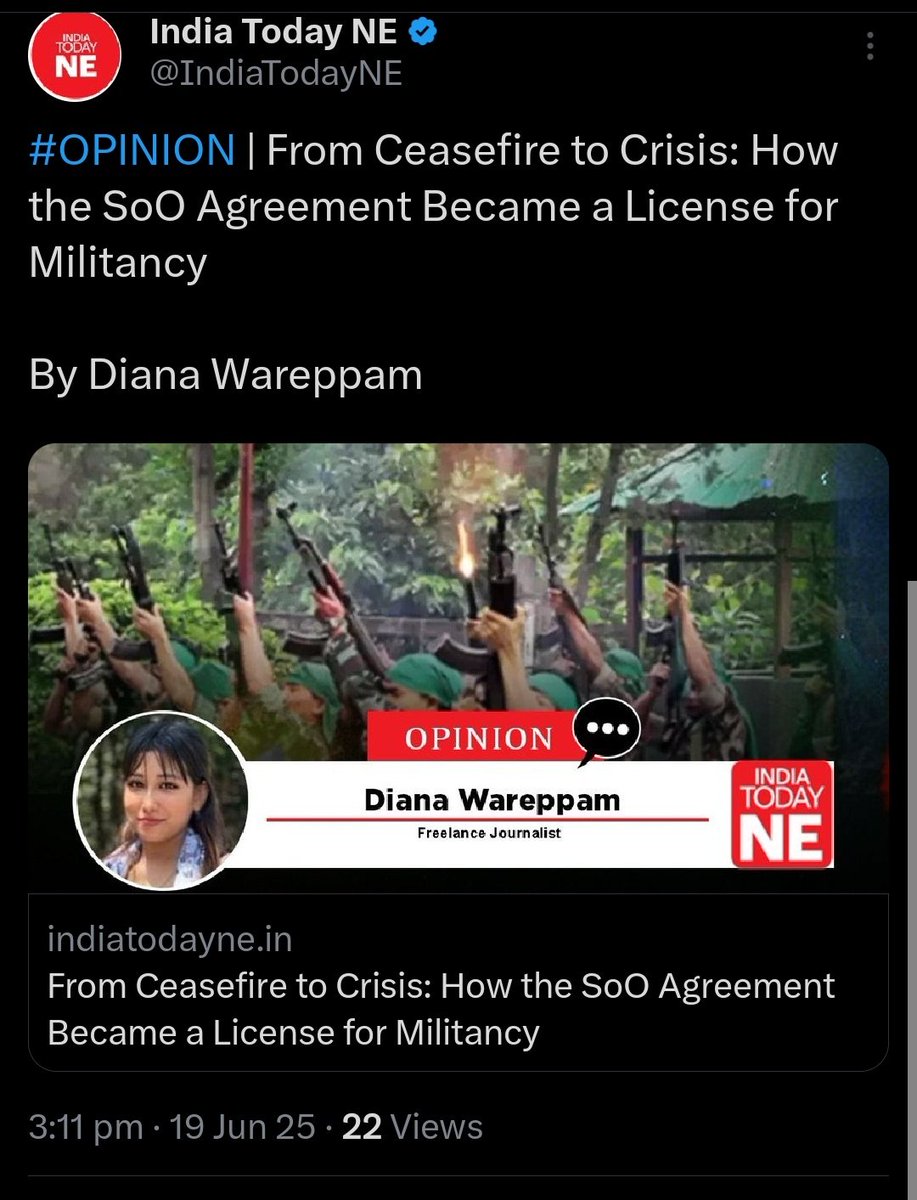 My article -
From Ceasefire to Crisis: How the SoO Agreement Became a License for Militancy  is out now via <a href="/IndiaTodayNE/">India Today NE</a>
Link: indiatodayne.in/opinion/story/…