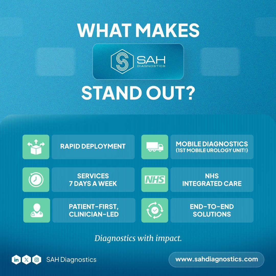 We provide diagnostic services and we help the NHS cut waiting times, expand access to care with our end to end solutions.

✅ Rapid deployment
✅ UK’s 1st mobile urology unit
✅ 7 day clinics
✅ NHS Cooperation 
✅ Patient-first 
✅ End-to-End Solutions

#SAHDiagnostics