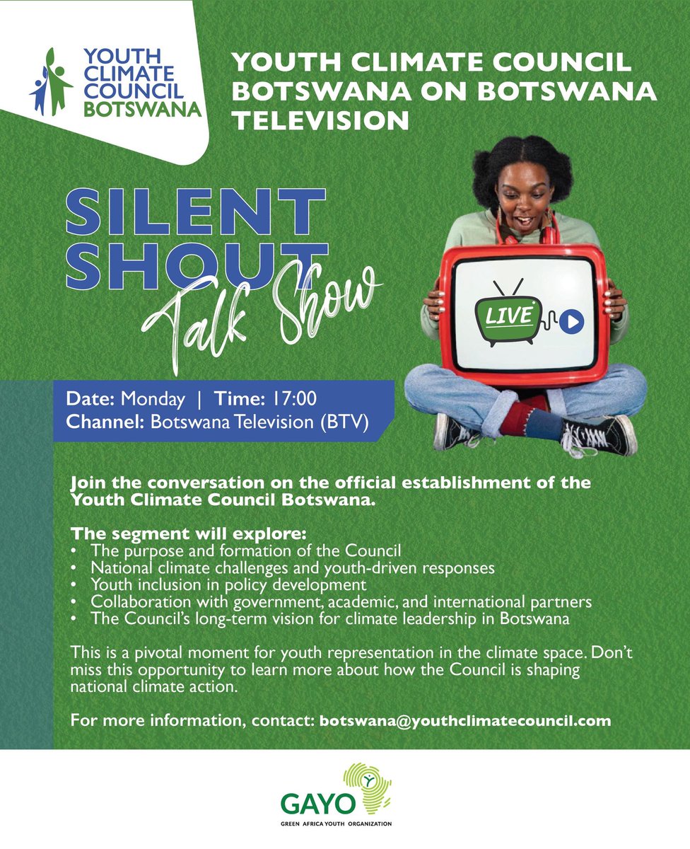 Tune into the Silent Shout Talk Show on BTV this Monday at 5PM as we introduce the Youth Climate Council Botswana.

We’ll be discussing youth leadership, national climate challenges and how we are stepping up to shape national climate policy and drive solutions.

Don’t miss it!