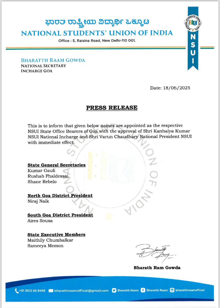 amitspatkar's tweet photo. Congratulations to the newly appointed @NSUIGoa team..!

Wishing @Gaulikumar20, @Rushab1826, @ShaneRebelo, @goanspeaks, @_Aires_Sousa_, @Maithilyyyy27, and @sameeyaMemon great success in their journey to empower students and uphold the voice of students.

#NSUI https://t.co/6qeUXASISM
