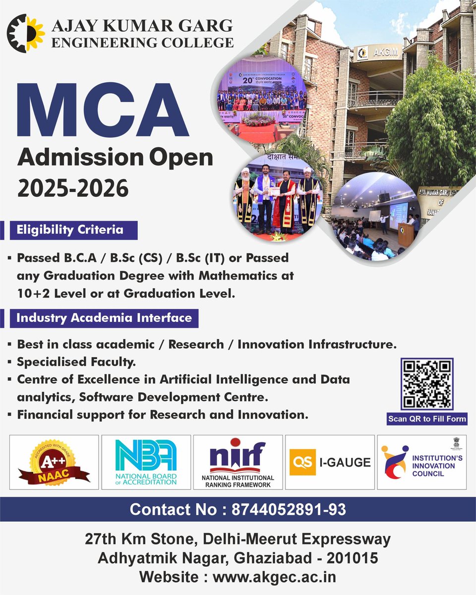 Admissions open for MCA 2025–26 at AKGEC, Ghaziabad! Apply now for cutting-edge learning in AI, data analytics, and software development. Visit akgec.ac.in or call 8744052891-93.