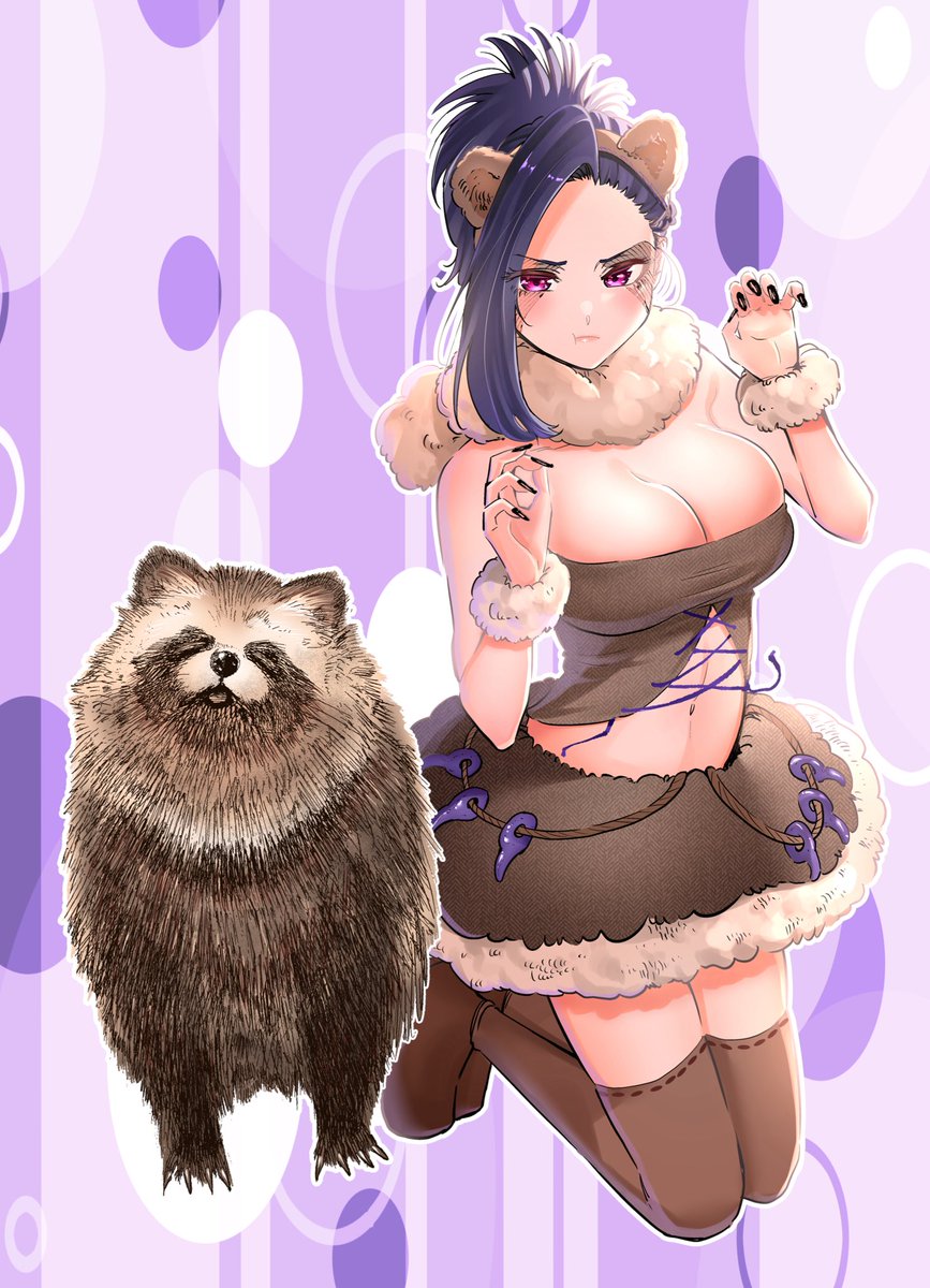 ikada_kai's tweet photo. 北海道の動物コスプレイラスト②😺

こちらは特別番外編用に描いたカラーイラストで秋野さんのエゾタヌキコスプレです🌰

秋野さんは結構モフモフしたイメージがあるのでタヌキかクマで迷いました🐻

#道産子ギャル　#どさこい
#どさこい過去絵集 https://t.co/yInoyThYtb