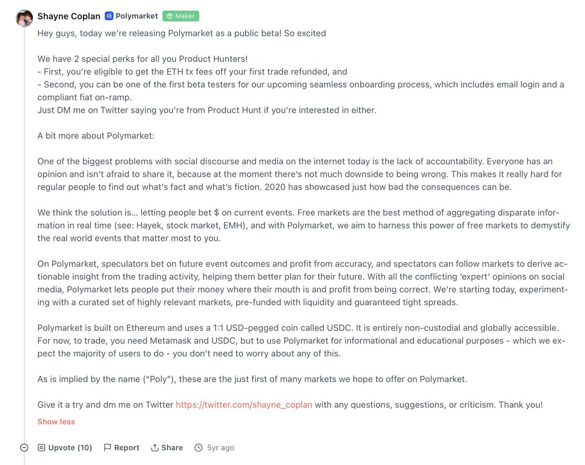 Serj Korj (@serjkorj) on Twitter photo There’s something inspiring about revisiting the early days of products that went on to reshape their industries.
Take <a href="/Polymarket/">Polymarket</a> — launched on <a href="/ProductHunt/">Product Hunt 😸</a> back in the COVID-era of 2020.
It got just 262 upvotes, finished #16 that day, and was rated 1.6 out of 5. Wild, right? There’s something inspiring about revisiting the early days of products that went on to reshape their industries.
Take <a href="/Polymarket/">Polymarket</a> — launched on <a href="/ProductHunt/">Product Hunt 😸</a> back in the COVID-era of 2020.
It got just 262 upvotes, finished #16 that day, and was rated 1.6 out of 5. Wild, right?