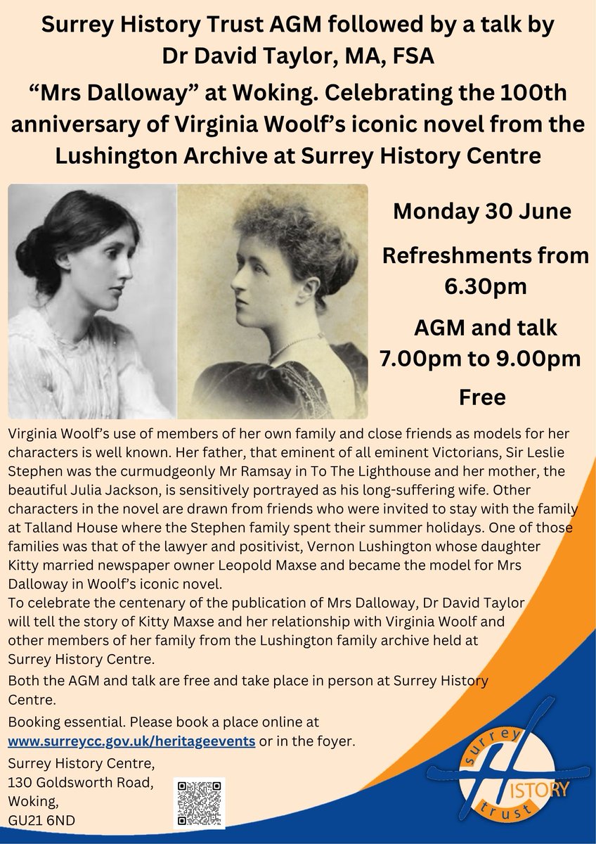 Join Surrey History Trust in celebrating the 100th anniversary of Virginia Woolf’s iconic novel Mrs Dalloway at our free event on Monday 30 June. Book your place at orlo.uk/EemVi