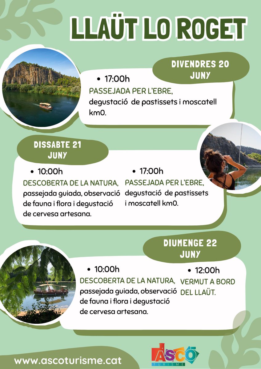 Terres de l'Ebre (@terresebretur) on Twitter photo ⛵️ El llaüt 'Lo Roget' us espera el proper cap de setmana per fer-vos viure experiències fluvials úniques a Ascó!
Escolliu la que més us agradi! 😊👇
<a href="/AscoTurisme/">Ascó Turisme</a> #TerresdelEbre ⛵️ El llaüt 'Lo Roget' us espera el proper cap de setmana per fer-vos viure experiències fluvials úniques a Ascó!
Escolliu la que més us agradi! 😊👇
<a href="/AscoTurisme/">Ascó Turisme</a> #TerresdelEbre