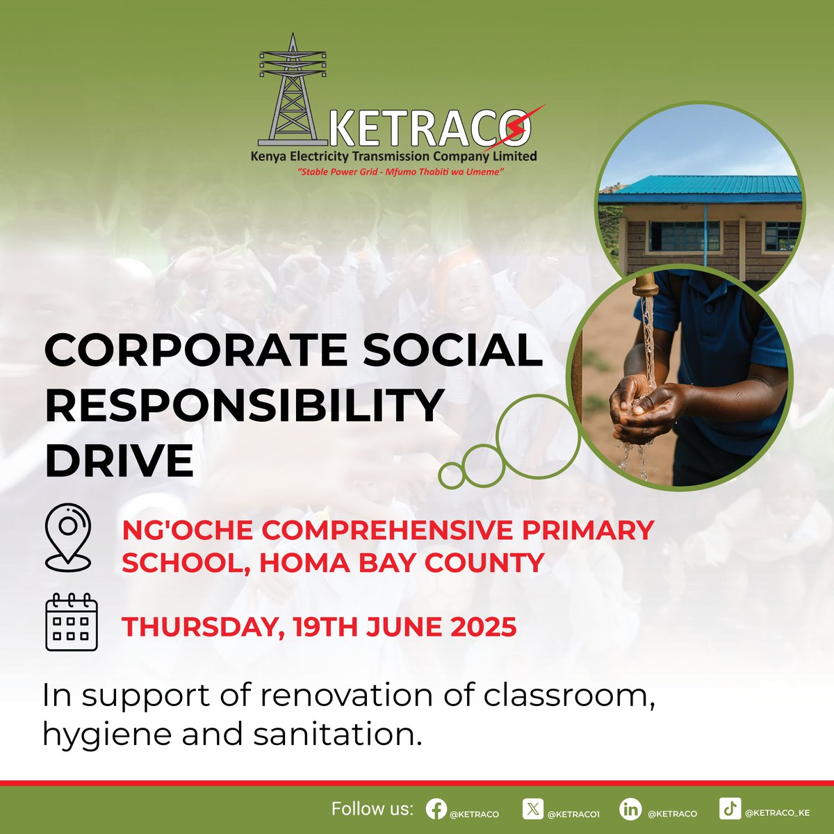 KETRACO1's tweet image. CSR Drive: We’re at Ng’oche Comprehensive Primary School—Kendu Bay, Homa Bay County.
Together, we’ll uplift, restore dignity, and create a better space for learning.
Because every child deserves to thrive.
#KETRACOCSR #teamKETRACO #PoweringHope