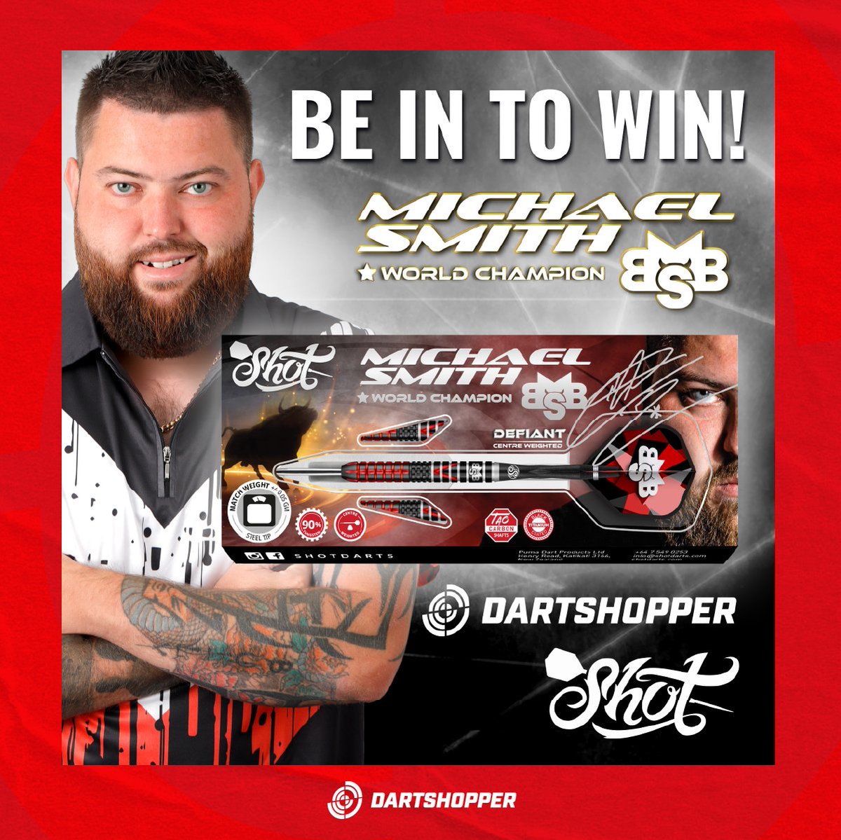 🚨 GIVEAWAY: Win signed Michael Smith Defiant  Darts darts! 🎯

How to enter:
1️⃣ Like our post on Instagram, Facebook, or X ❤️
2️⃣ Comment your preferred weight!

Tag a Bullyboy fan! 🏆
Ends: June 23rd, 2025. Winner chosen from 1 of our social channels.

#Giveaway #Darts #Shot