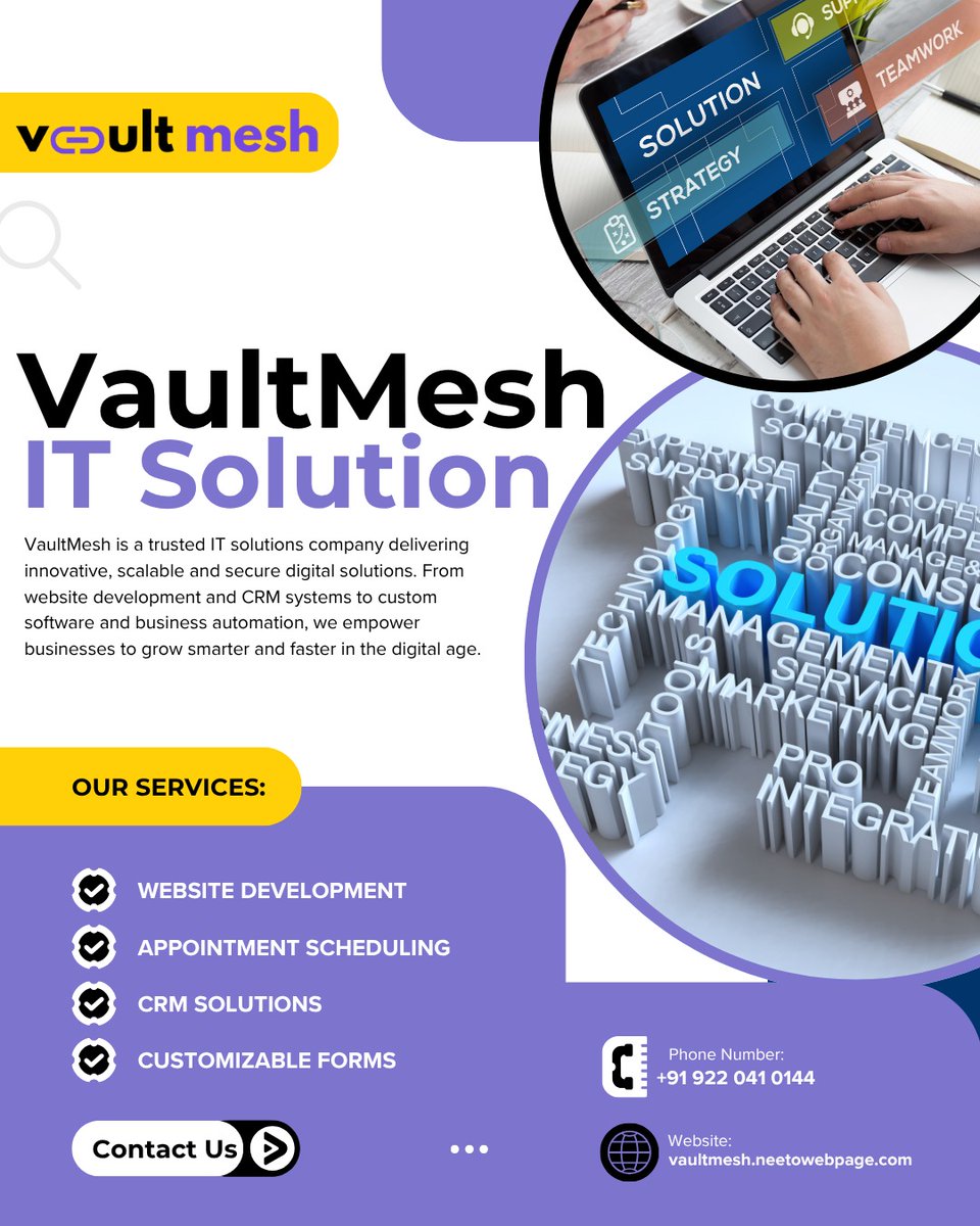 vaultmesh's tweet image. Looking for Business Solution for grow your business.
Connect with us for Information.
We are ready to upgrade your business online.
Call: +91 922 041 0144
Website : vaultmesh.neetowebpage.com
Email :info@vaultmesh.com
#websitedevelopment #websitesolution #websitedesigner #Website