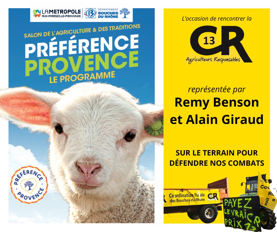 🟡 Ce week-end, venez rencontrer la #CoordinationRurale des Bouches-du-Rhône au Salon Préférence Provence à #Marseille ! 🤩
📍Du 20 au 22 juin à l’Hôtel du département - ouvert de 10h à 18h (et jusqu’à 22h samedi pour la fête de la musique)
Remy Benson, Alain Giraud, et d’autres