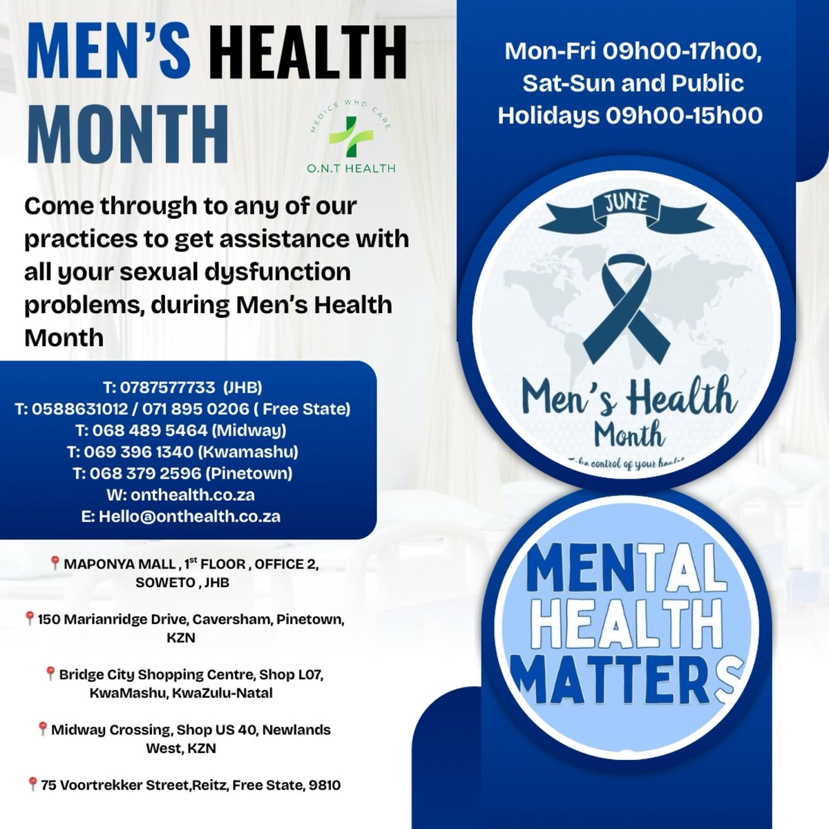 MedicsWhoCare's tweet image. Come through to any of our practices to get assistance with all your sexual dysfunction problems, during Men’s Health Month.
Walk-ins are welcome
And we’re open :
Mon-Fri 09h00-17h00, Sat-Sun and Public Holidays 09h00-15h00
By. Dr. O.N Vilakazi @OlwethuVilakazi