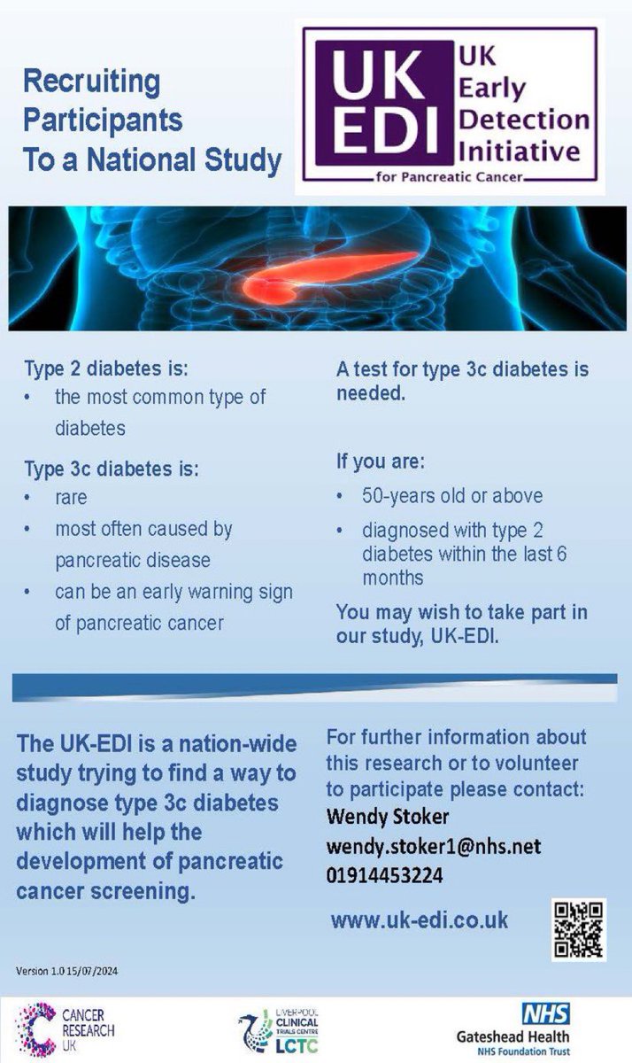 The <a href="/UKEDI1/">UK-EDI for Pancreatic Cancer</a> study  is recruiting participants over 50 years old who have recently been diagnosed with type 2 diabetes, this study is open <a href="/Gateshead_NHS/">Gateshead Health NHS Foundation Trust</a> . See info below if you are interested in taking part.