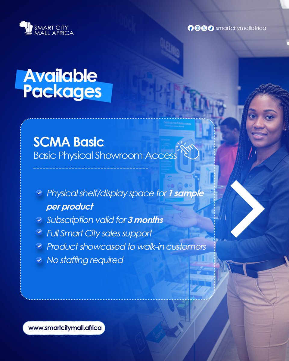 smartcity_mall's tweet photo. We’ve created flexible display packages designed to give your product the visibility it deserves—right in the heart of innovation!

Swipe to explore our available packages.

📍 Display at Smart City Mall Africa
🔗 Send us a DM 

#SCMA #SmarterAfrica #RetailReimagined #SellSmart https://t.co/seVZH8NLJA