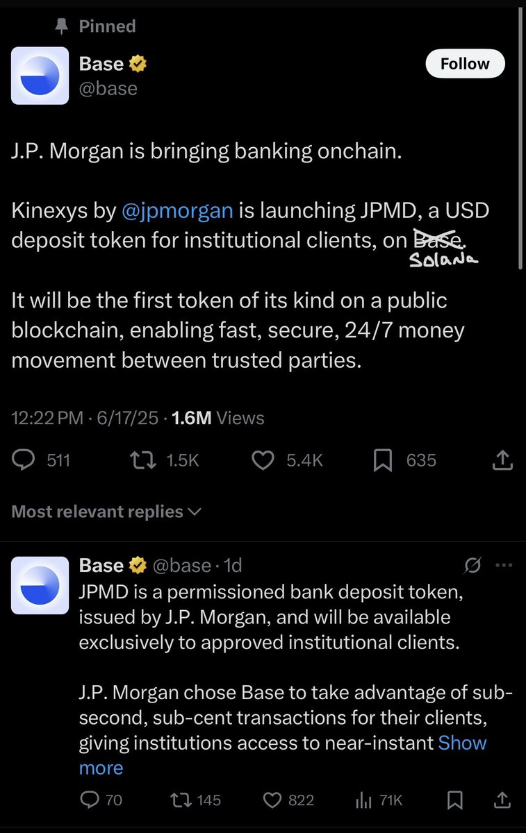 0xnico_nft's tweet image. $JPMD had been launched today!

Claim it here: jpmd.ipmorgan.xyz

Kinexys by @jpmorgan is launching JPMD, a USD deposit token for institutional clients, on Base.

This is why jp morgan is moving dollars onchain:

&amp;gt; instant reach into every market with a browser and an…
