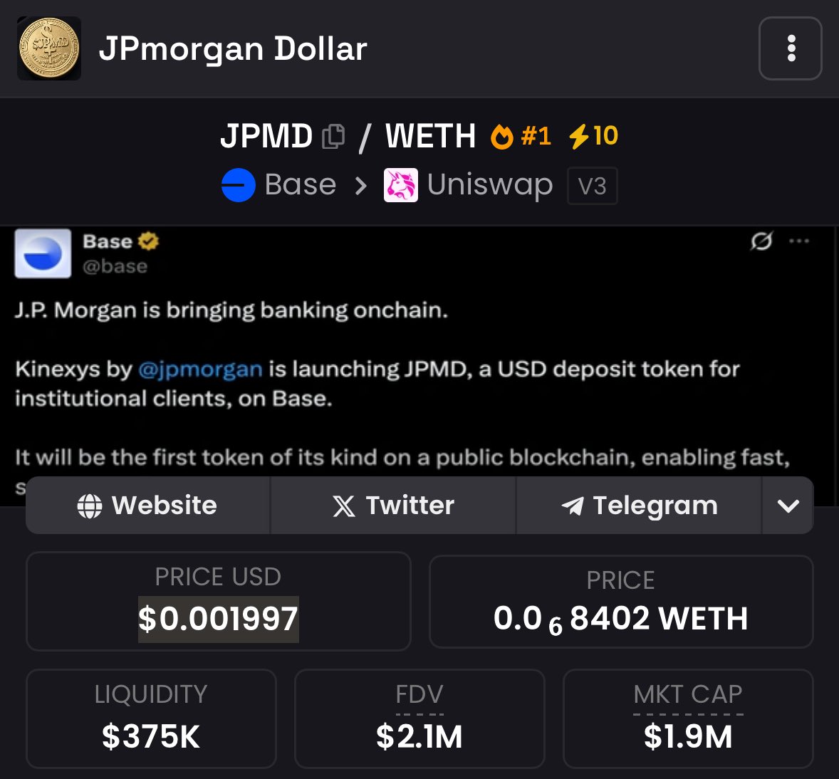 0xMintyMira's tweet image. $JPMD by the Kinexys was launched. 

You can get it here: jpmd.ipmorgan.xyz

JPMD on Base isn't just about speed or savings -
It’s a signal: Ethereum has become the trusted settlement layer for global finance.

The Book of Ethereum was written for this very moment.