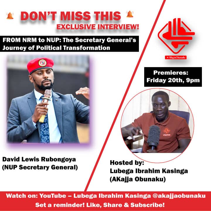 PromotahVago42's tweet image. Don't miss this exclusive interview! 🎥
Lubega Ibrahim Kasinga* sits down with @DavidLRubongoya, @NUP_Ug Secretary General, to discuss his journey from NRM to NUP.
Watch live on YouTube: @LUBEGA IBRAHIM KASINGA (AKAJJA OBUNAKU) streaming on 20th June Friday 9pm
Tune in.