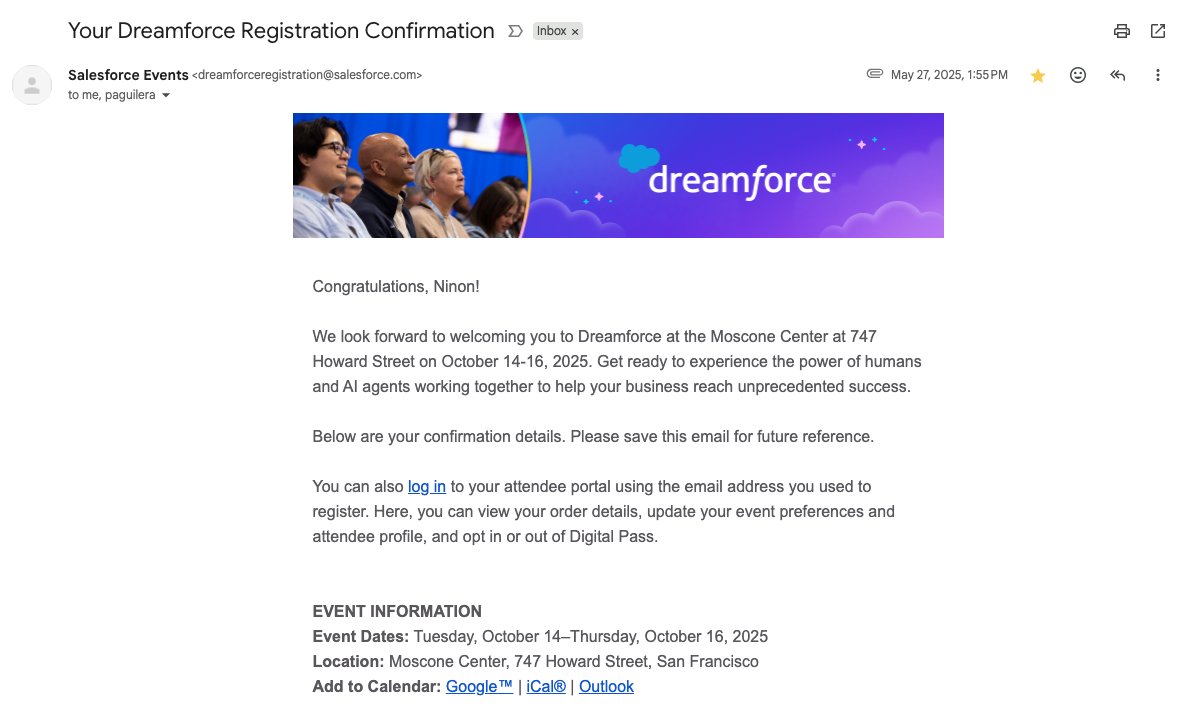 🎉 Amazing News!!!!!! I'm officially attending to #Dreamforce2025! 🎉
If we haven’t met yet, I’m Ninon Aguilera, Salesforce Solutions Architect, AI dreamer, and I help Companies, clients find the best in the Salesforce Ecosystem.
Let’s connect
#Salesforce #Dreamforce