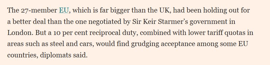 Per the Financial Times, the EU is honing in on trying to negotiate the only deal possible with the US by July 9th -- one where the EU accepts a 10% tariff w/o retaliation and gets a path to 10% tariffs and tariff rate quotas on the sectoral tariffs

1/