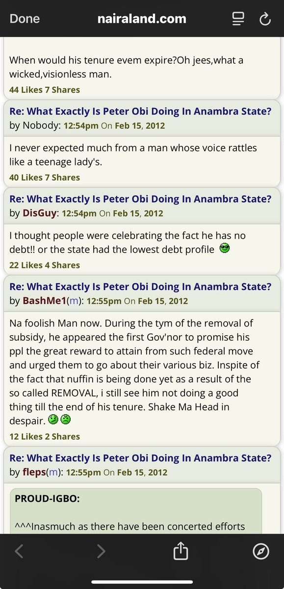 Omo… I just saw this conversation on Nairaland where Anambra indigenes were talking about Peter Obi’s administration wayback 2014.

Mehn! That dude failed his people 😞

Here’s the Nairaland link you can check it out.

nairaland.com/870945/what-ex…