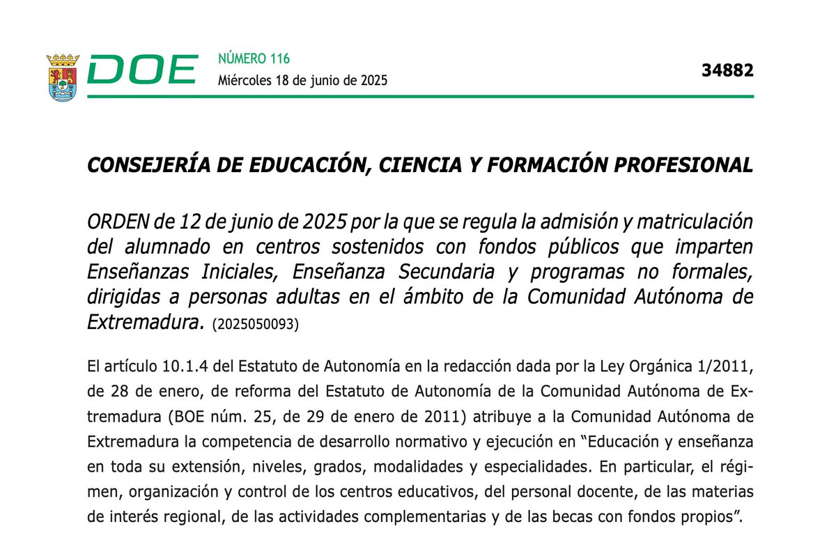Se publica el #DOE la orden por la que se regula el procedimiento y los criterios de admisión y matriculación para cursar Enseñanzas Iniciales, Enseñanza Secundaria y programas no for- males, dirigidas a personas adultas en Extremadura.