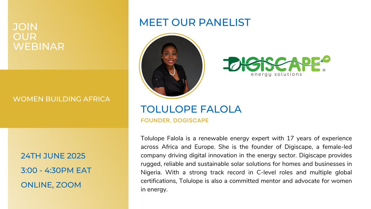 Persistent (@persistentenrg) on Twitter photo We’re thrilled to have Tolulope Falola, Founder of <a href="/Digiscapeng/">DigiScape Solutions Ltd</a> , speak at our #WomenBuildingAfrica webinar! With 17 years in renewable energy, she’s driving innovation & mentoring women in energy.
đź“… June 24 | đź•’ 3PM EAT
🔗 zoom.us/webinar/regist…
#WomenInEnergy #Webinar We’re thrilled to have Tolulope Falola, Founder of <a href="/Digiscapeng/">DigiScape Solutions Ltd</a> , speak at our #WomenBuildingAfrica webinar! With 17 years in renewable energy, she’s driving innovation & mentoring women in energy.
đź“… June 24 | đź•’ 3PM EAT
🔗 zoom.us/webinar/regist…
#WomenInEnergy #Webinar