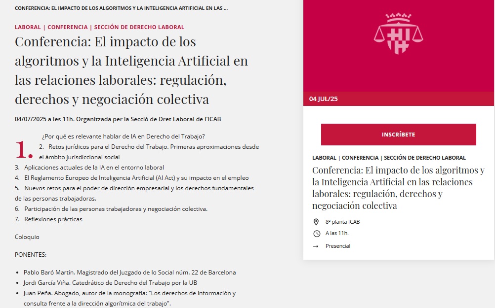 marenas_'s tweet photo. Conferencia gratuita: El impacto de los algoritmos y la Inteligencia Artificial en las relaciones laborales: regulación, derechos y negociación colectiva
04/07/2025  11:00h. @ICABarcelona 

https://t.co/qFXtV6XRuM https://t.co/pt9ELWptSK