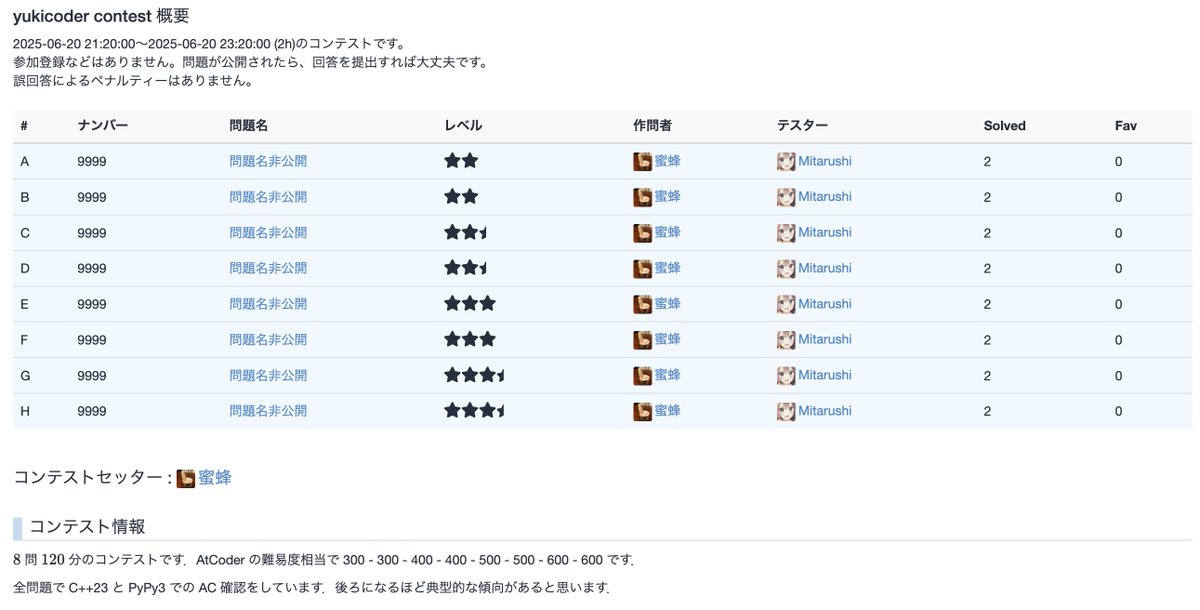 Mitsubachi_math's tweet image. 明日の 21:20 - 23:20 に yukicoder で 8 問 120 分のコンテストを開きます
よろしければご参加ください
#yukicoder