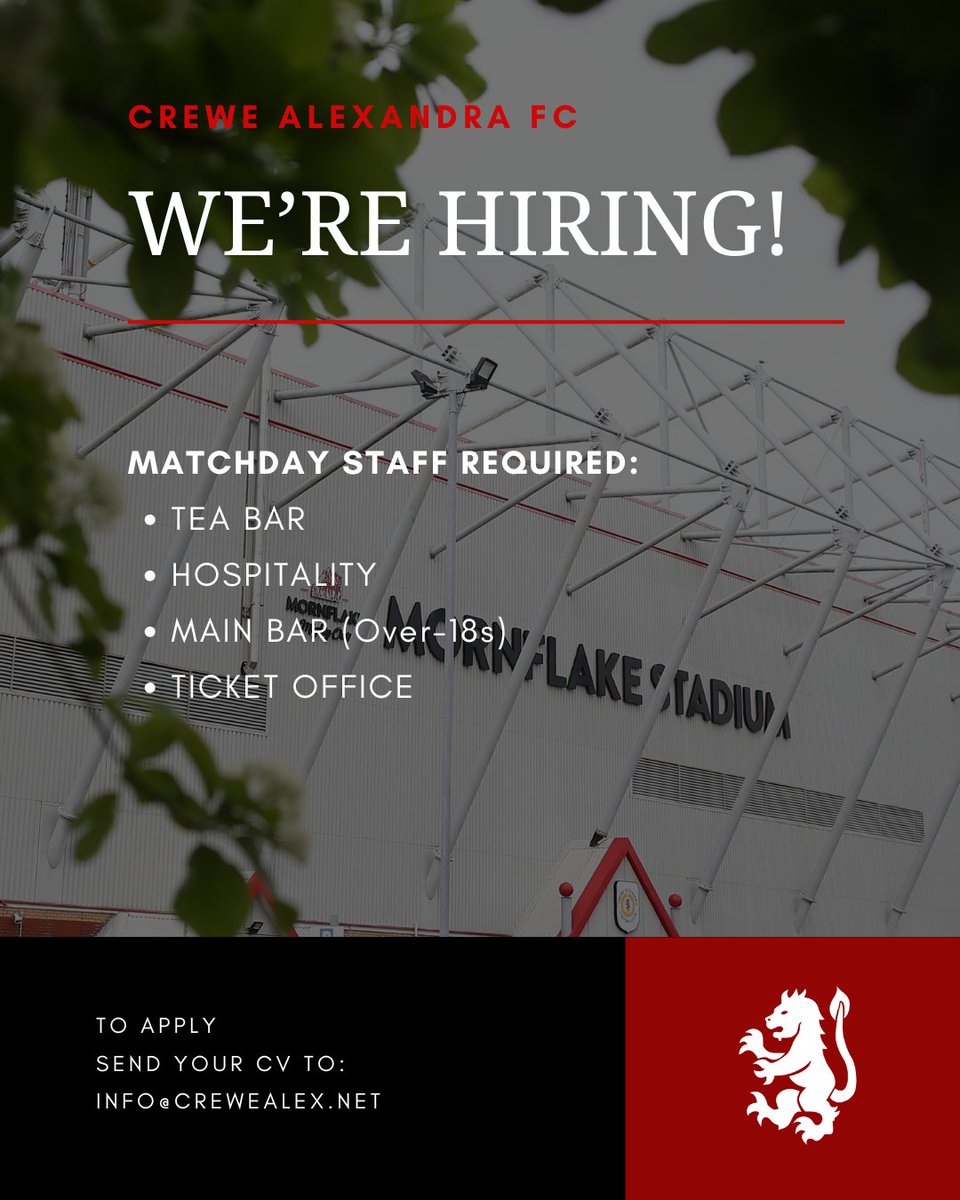 Crewe Alexandra (@crewealexfc) on Twitter photo We're hiring! ๐ฃ
Interested in one of the roles below? ๐ค
Send your CV through to: info@crewealex.net โน๏ธ
#CreweAlex We're hiring! ๐ฃ
Interested in one of the roles below? ๐ค
Send your CV through to: info@crewealex.net โน๏ธ
#CreweAlex
