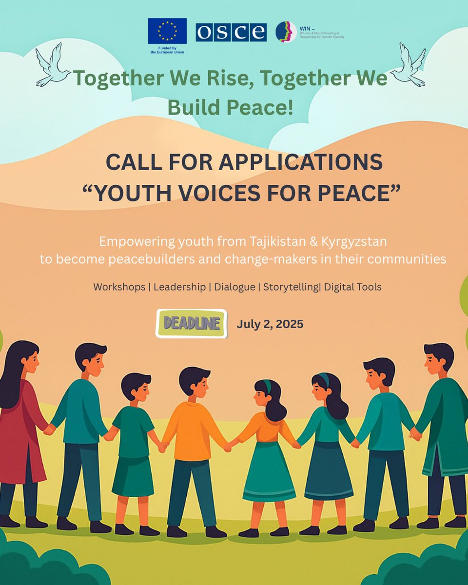EU in Tajikistan (@euintajikistan) on Twitter photo 📢 Calling for young changemakers aged 17–22 🇰🇬🇹🇯!
Believe in #peace, #dialogue, & using digital tools? Join our one-month online programme — sessions with inspiring trainers & youth like YOU!
🔗 Apply: bit.ly/4kLpNZU
📧 youthvoicesforpeace@gmail.com 📢 Calling for young changemakers aged 17–22 🇰🇬🇹🇯!
Believe in #peace, #dialogue, & using digital tools? Join our one-month online programme — sessions with inspiring trainers & youth like YOU!
🔗 Apply: bit.ly/4kLpNZU
📧 youthvoicesforpeace@gmail.com