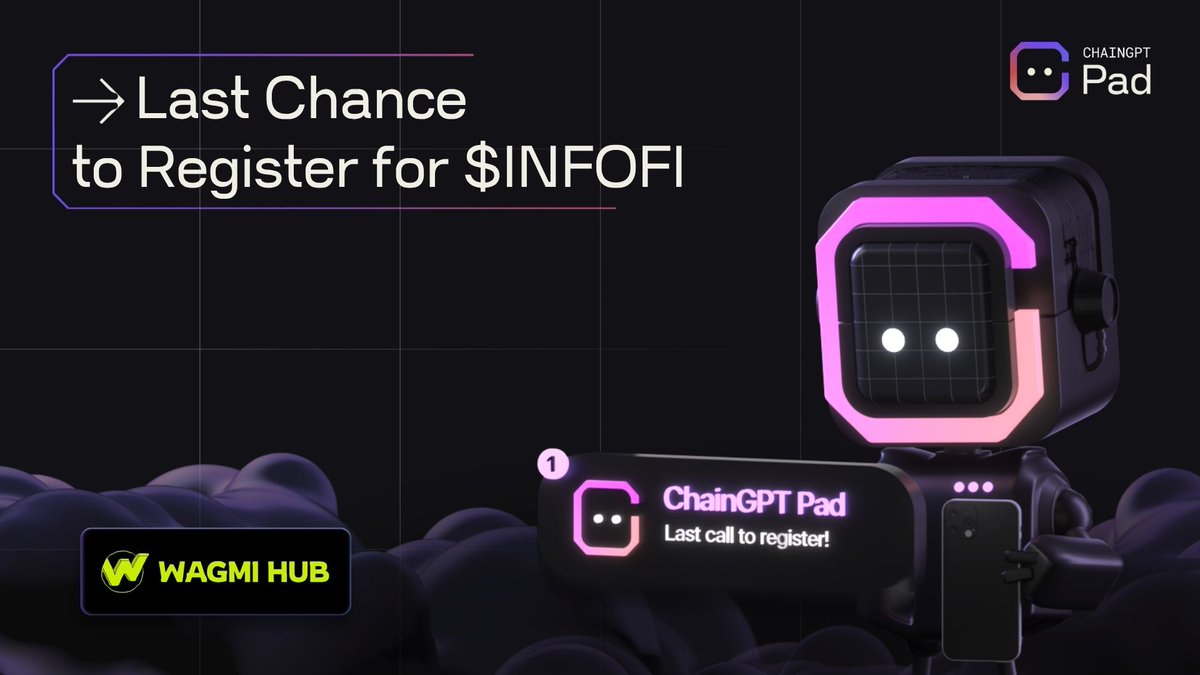 ⏰ Last chance to register for <a href="/WagmiHub/">WAGMI HUB</a> IDO!  

Hurry up and register your interest for the upcoming $INFOFI IDO.  

📌 Registration ends today, 4 PM UTC.  

📆 IDO Date: June 19-20  

Join now 👉 pad.chaingpt.org/pools/377/3760…