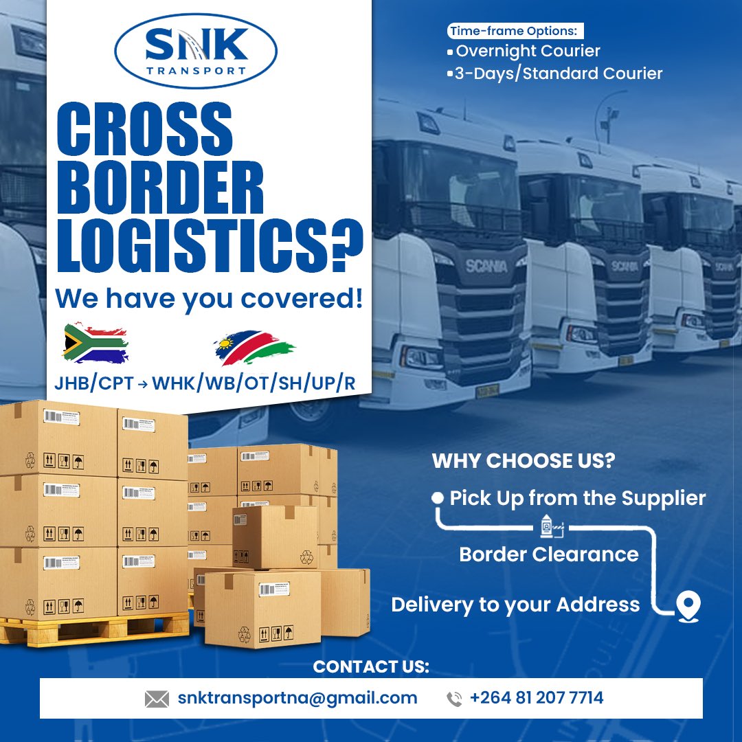 SNKTransportNam's tweet photo. Looking for reliable cross-border logistics between South Africa and Namibia? SNK Transport has you covered with overnight and 3-day courier options. From supplier pick-up to border clearance and delivery at your address, we handle it all.

Serving JHB, CPT to WHK, WB, OT, SH, UP https://t.co/tqFbJIZo9l