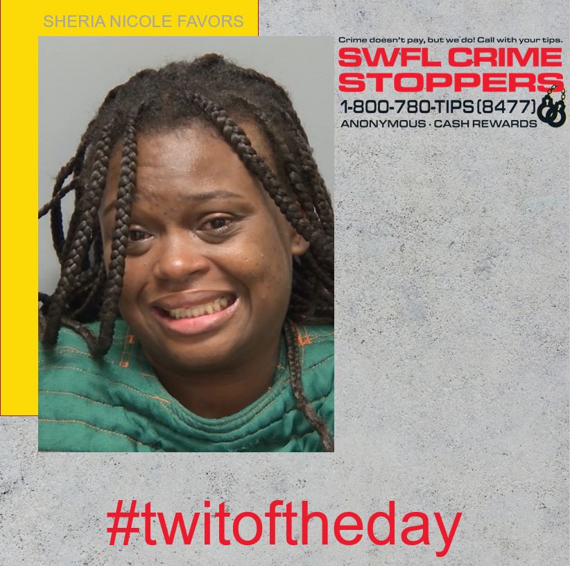 Our #Twitoftheday is Sheria Favors, wanted in Lee County for FTA disorderly intoxication in a public place causing disturbance &amp; possession of controlled substance. If you know where she is, please call SWFL Crime Stoppers at 1-800-780-TIPS (8477). Cash reward possible!