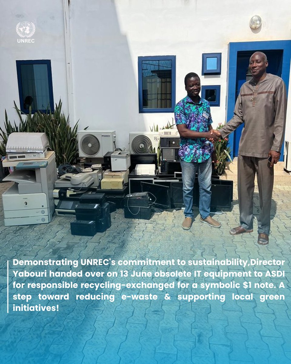 ♻️Demonstrating UNREC's commitment to sustainability,Director Yabouri handed over on 13 June obsolete IT equipment to ASDI for responsible recycling-exchanged for a symbolic $1 note. A step toward reducing e-waste &amp; supporting local green initiatives! #Sustainability #EcoFriendly
