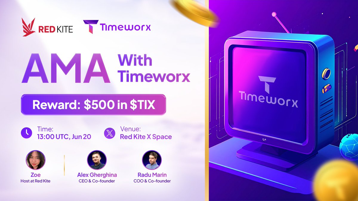 redkitepad's tweet image. ⭐️ AMA Alert: Red Kite x TimeWorx

💰 Reward Pool: $500 in $TIX
🗓 Time: 13:00 UTC on Jun 20
📍 Join here: 

🎯 To Participate:
🔘 Like &amp;amp; RT this post
🔘 Tag 2 friends
🔘 Follow @redkitepad &amp;amp; @timeworx_io on X
🔘 Drop 1 question under X post or on Red Kite…