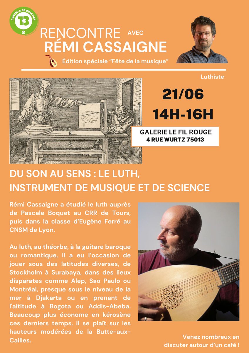 🎶 #FetedelaMusique 
Rencontre culturelle exceptionnelle avec Rémi Cassaigne, luthiste de la Butte-aux-Cailles, aura lieu le 21/06 à 14h 🔽
Venez découvrir un instrument rare et fascinant, le luth, à travers le regard et l’expérience d’un musicien d’exception #Paris13