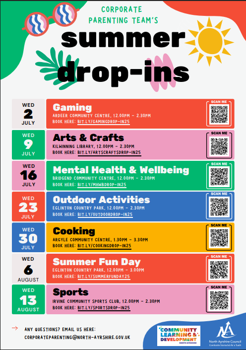 The Student Association at Ayrshire College (@ayrshirecollsa) on Twitter photo Our good friends over at <a href="/OneVoiceNA/">North Ayrshire Corporate Parenting</a> have some fantastic summer events planned throughout North Ayrshire.
Check out the poster for details, pick your activities and be sure to book a spot. Our good friends over at <a href="/OneVoiceNA/">North Ayrshire Corporate Parenting</a> have some fantastic summer events planned throughout North Ayrshire.
Check out the poster for details, pick your activities and be sure to book a spot.