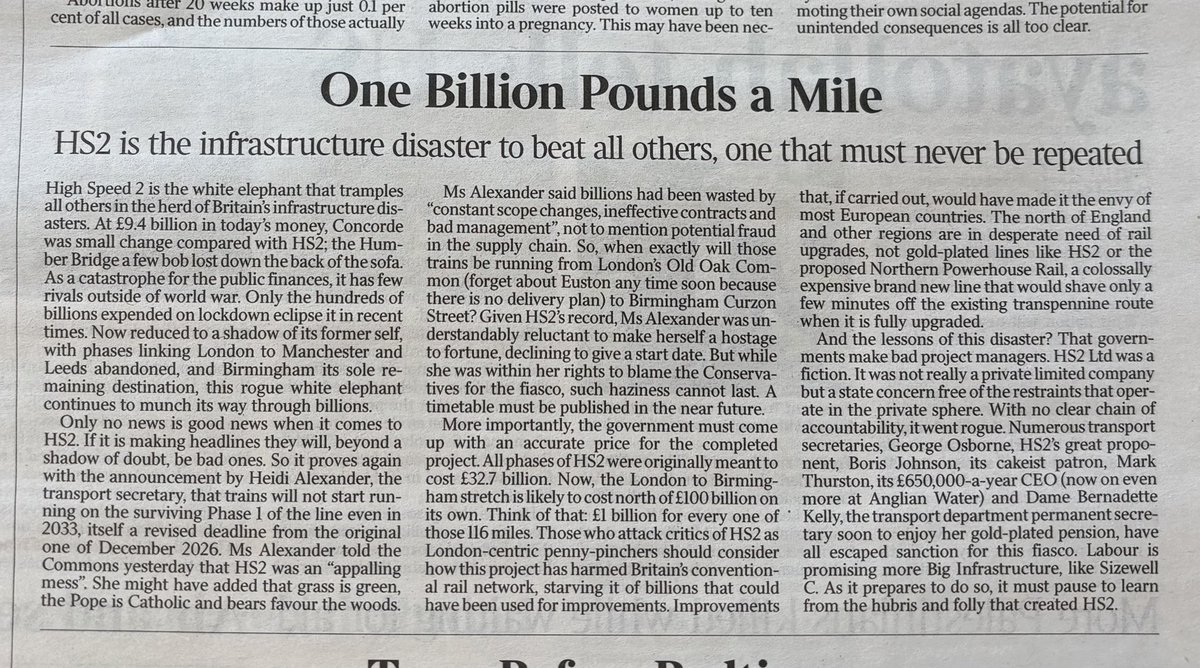 AlecMarsh's tweet image. ‘The white elephant that tramples on all others in the herd of British infrastructure disasters.’ Excellent leader from @thetimes this morning on the fiasco of #HS2