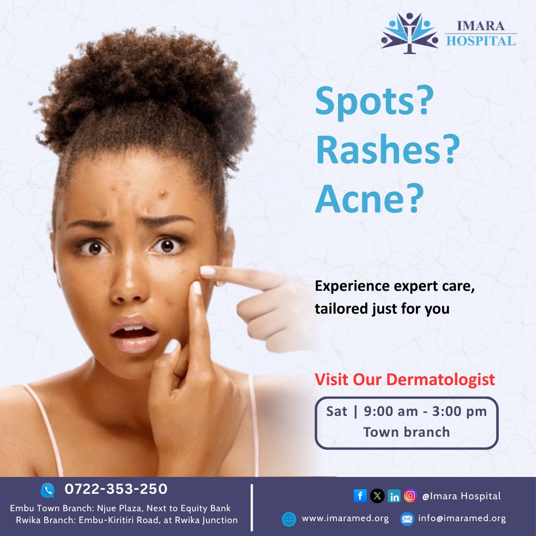ImaraHospital's tweet photo. Don't let skin issues hold you back!
Imara Hospital offers expert dermatological care 
designed to bring out your best skin.

Ready for a consultation? 
Our dermatologist is available at our Embu Town Branch 
Every Saturday, 9:00 am - 3:00 pm. https://t.co/YUaomxpNL2